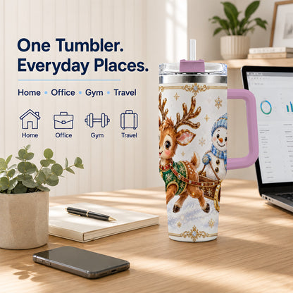#pl[40oz|Pink] Crystal Reindeer 40oz Tumbler with Handle, Snowman Winter Travel Cup