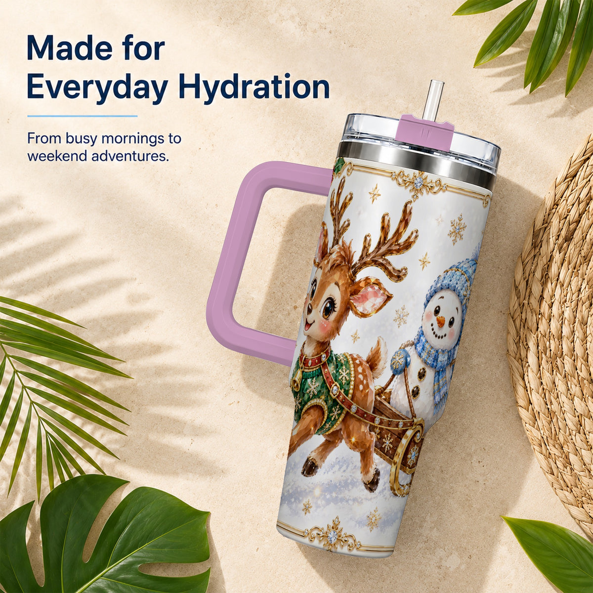 #pl[40oz|Pink] Crystal Reindeer 40oz Tumbler with Handle, Snowman Winter Travel Cup