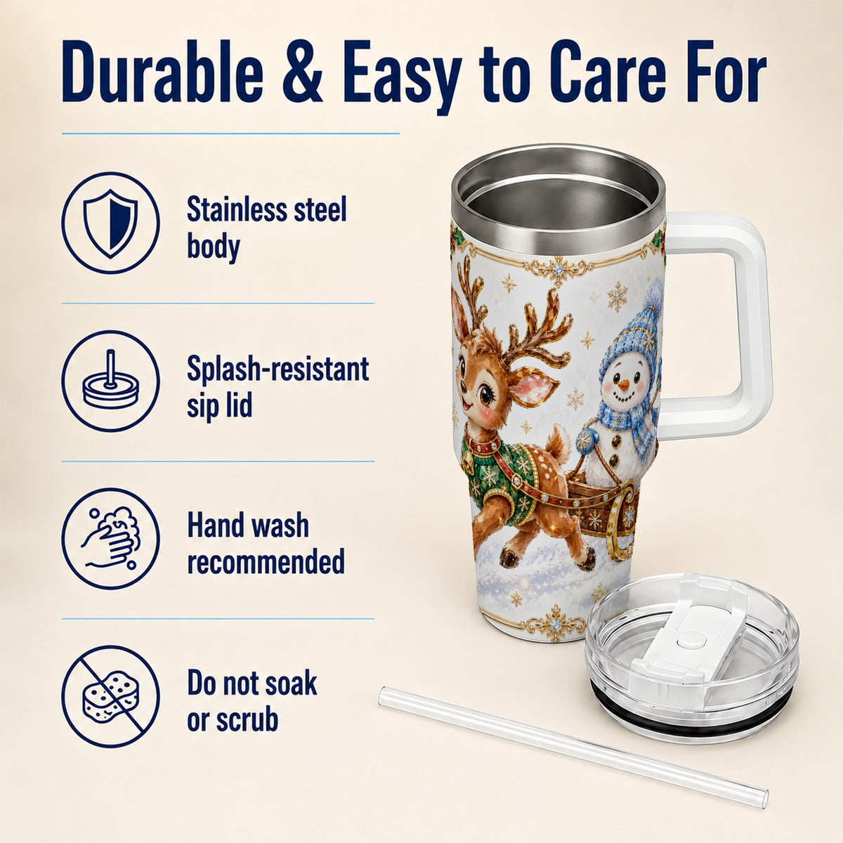#pl[40oz|White] Crystal Reindeer 40oz Tumbler with Handle, Snowman Winter Travel Cup