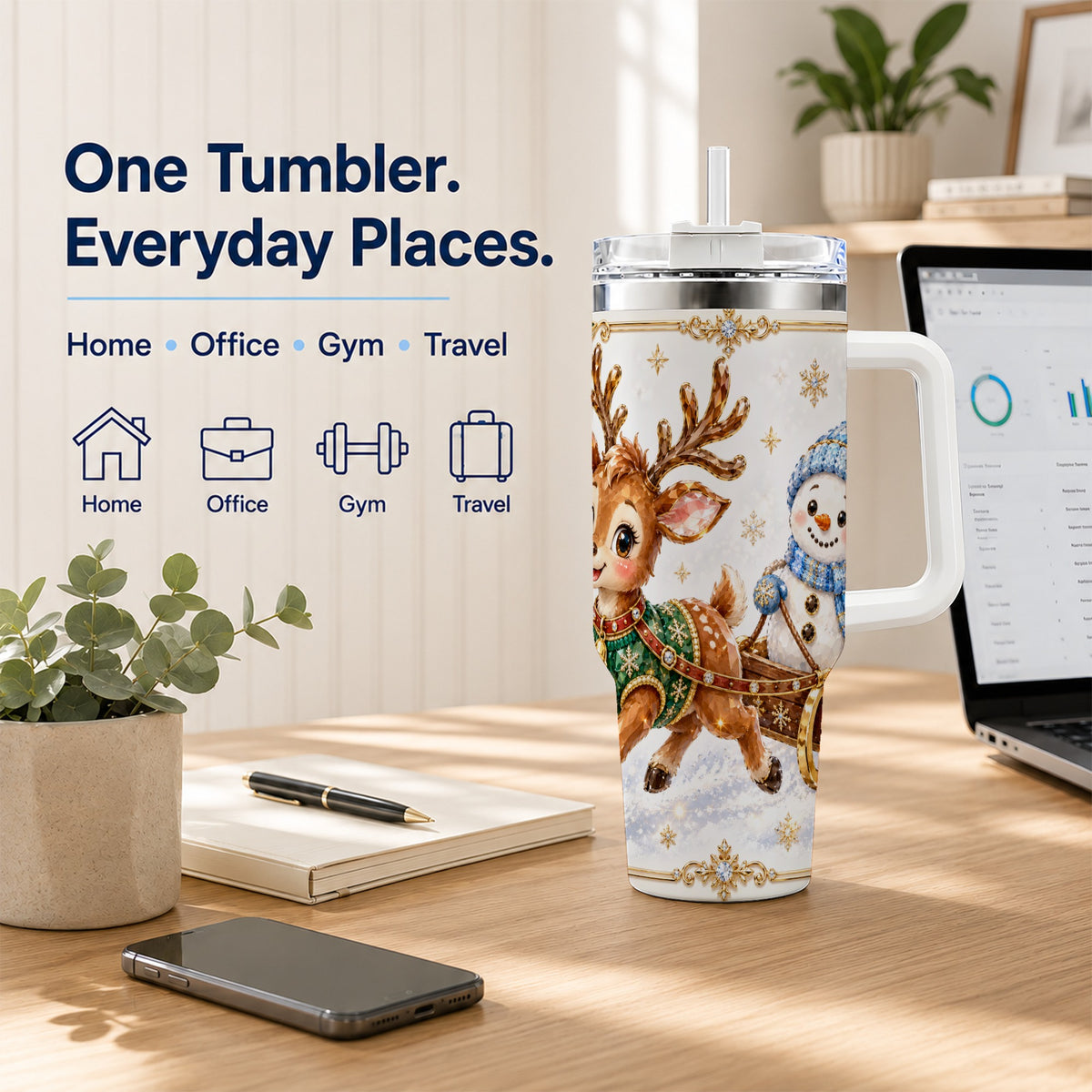 #pl[40oz|White] Crystal Reindeer 40oz Tumbler with Handle, Snowman Winter Travel Cup