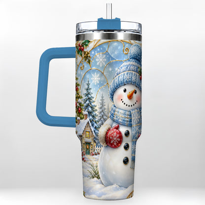 #pl[40oz|Blue] Snowman Village 40oz Tumbler with Handle, Winter Holiday Travel Cup
