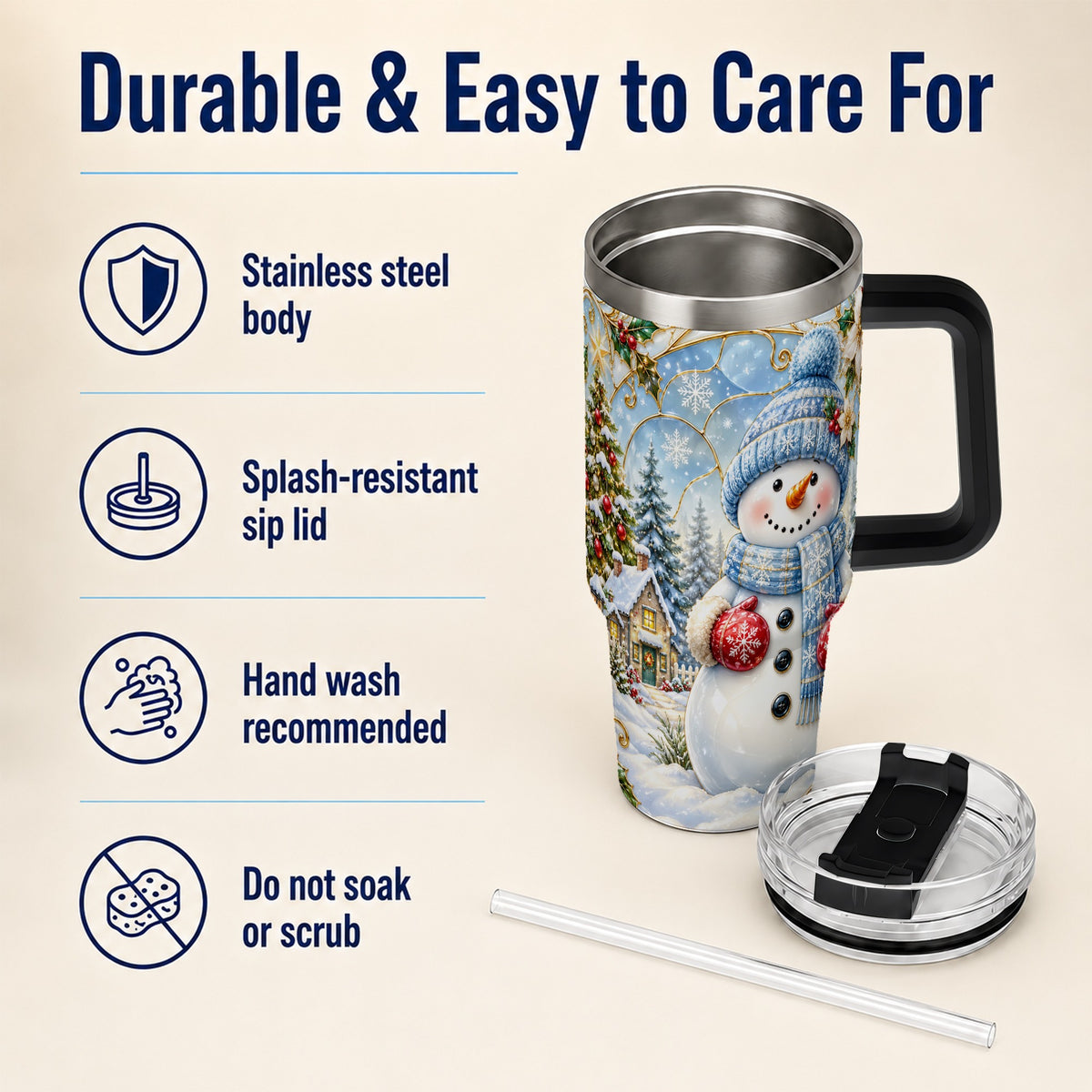 #pl[40oz|Black] Snowman Village 40oz Tumbler with Handle, Winter Holiday Travel Cup