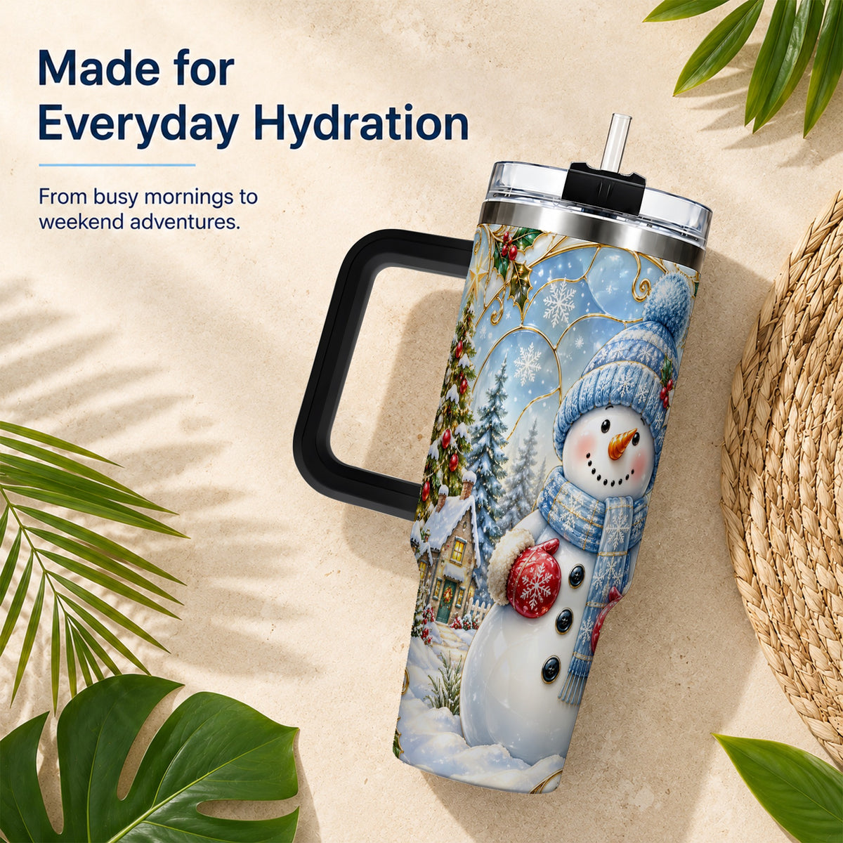 #pl[40oz|Black] Snowman Village 40oz Tumbler with Handle, Winter Holiday Travel Cup