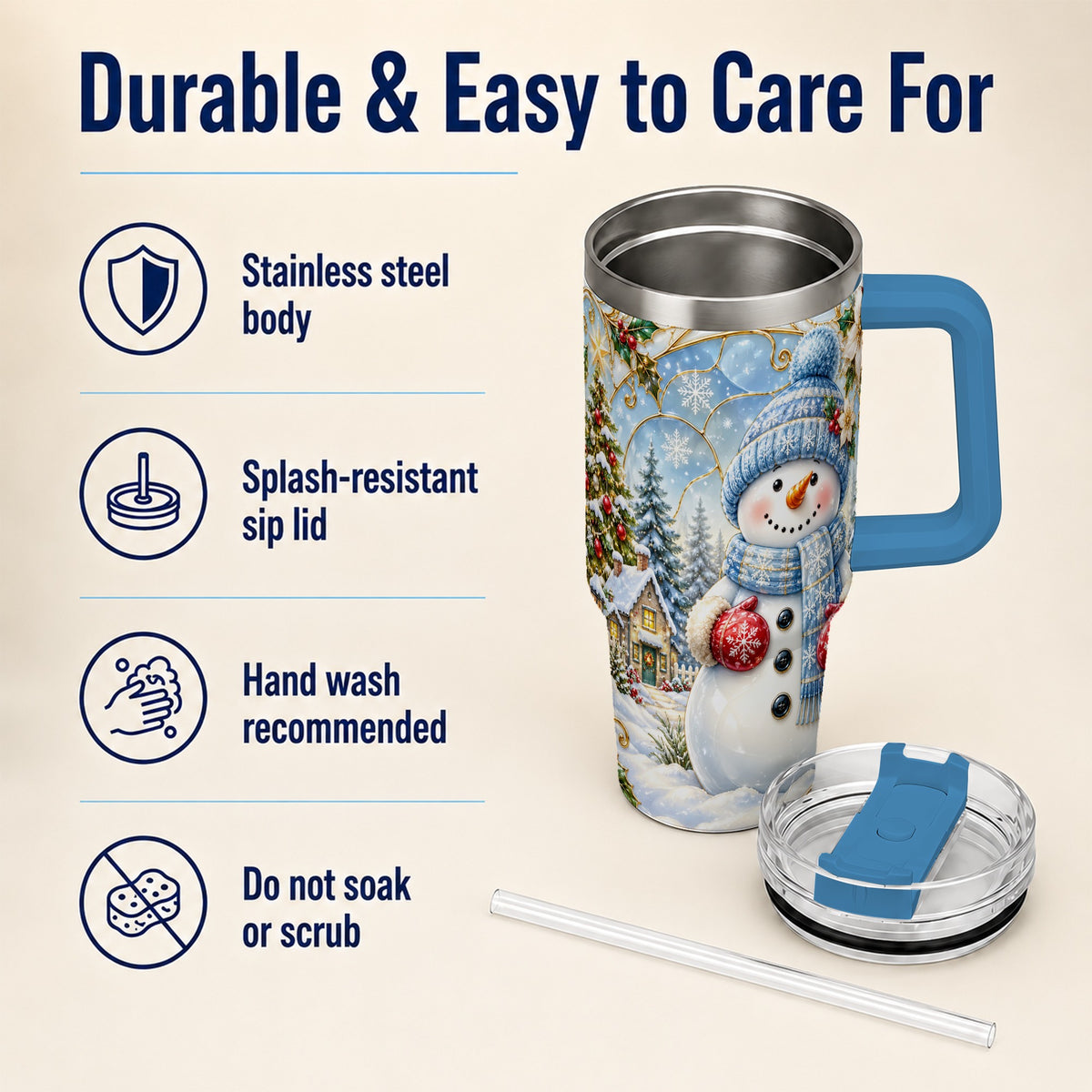 #pl[40oz|Blue] Snowman Village 40oz Tumbler with Handle, Winter Holiday Travel Cup