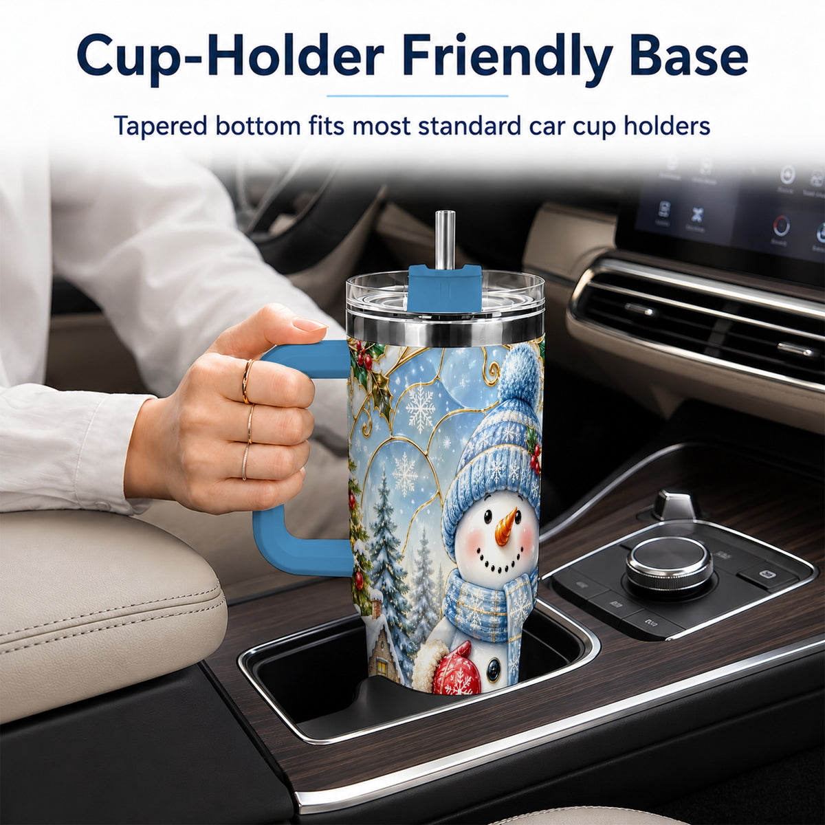 #pl[40oz|Blue] Snowman Village 40oz Tumbler with Handle, Winter Holiday Travel Cup