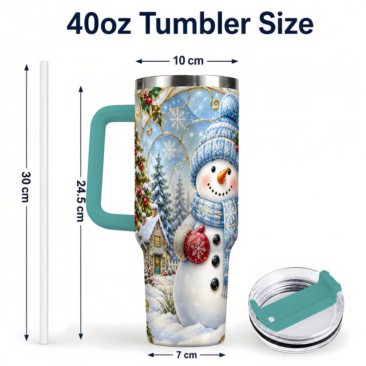 #pl[40oz|Green] Snowman Village 40oz Tumbler with Handle, Winter Holiday Travel Cup