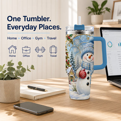 #pl[40oz|Blue] Snowman Village 40oz Tumbler with Handle, Winter Holiday Travel Cup