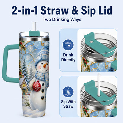 #pl[40oz|Green] Snowman Village 40oz Tumbler with Handle, Winter Holiday Travel Cup
