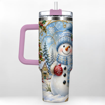 #pl[40oz|Pink] Snowman Village 40oz Tumbler with Handle, Winter Holiday Travel Cup