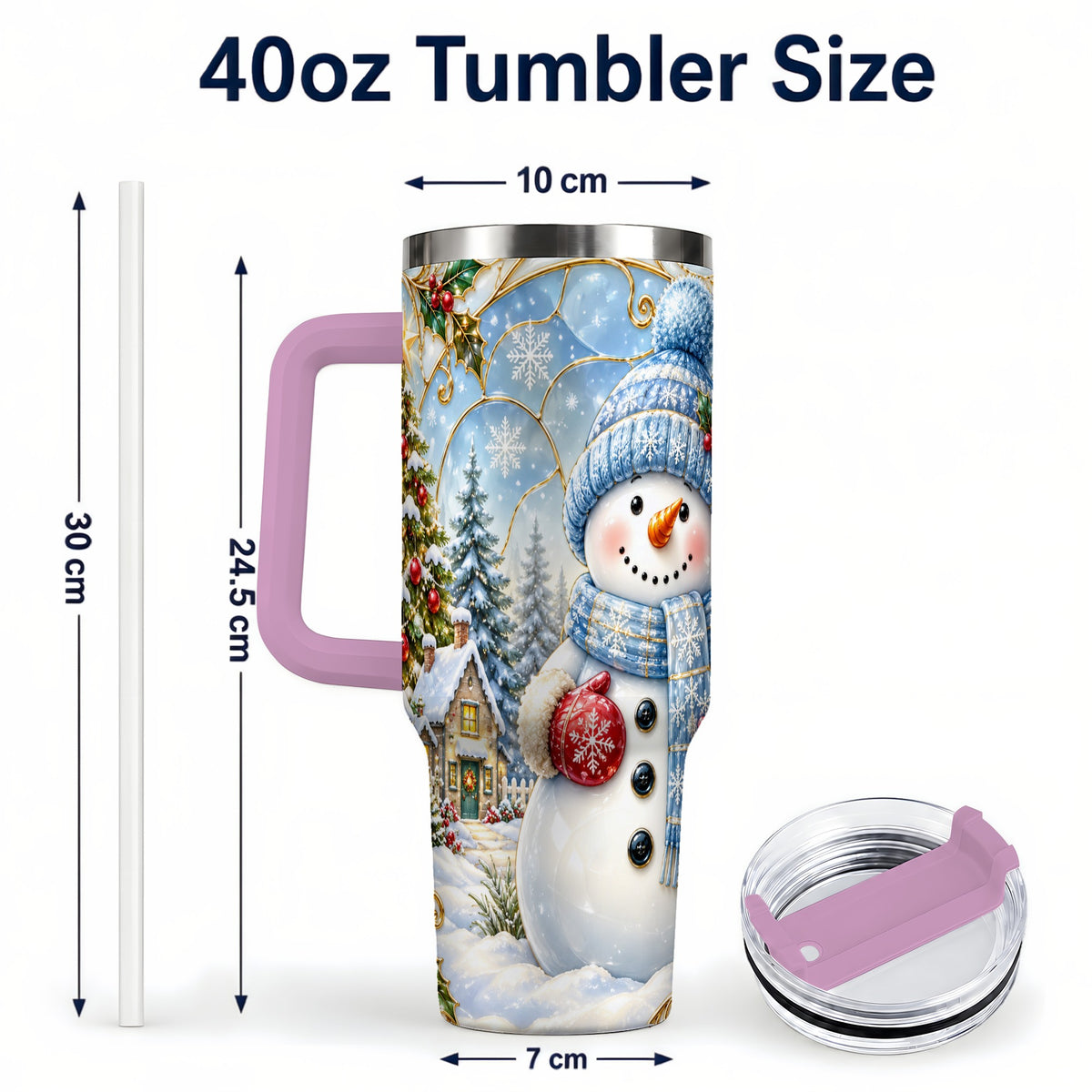#pl[40oz|Pink] Snowman Village 40oz Tumbler with Handle, Winter Holiday Travel Cup