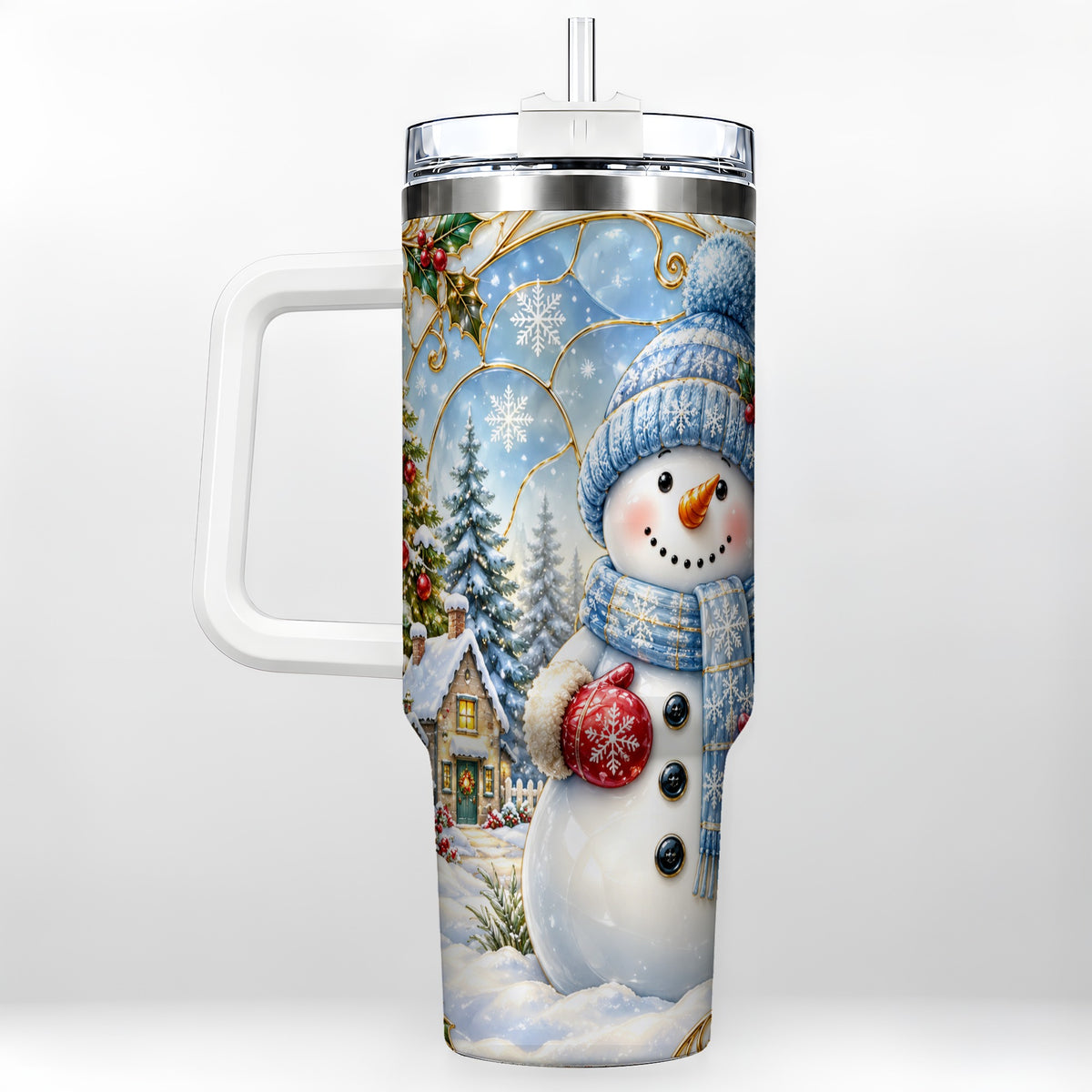 Snowman Village 40oz Tumbler with Handle, Winter Holiday Travel Cup