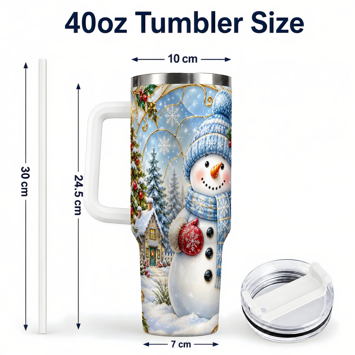 #pl[40oz|White] Snowman Village 40oz Tumbler with Handle, Winter Holiday Travel Cup