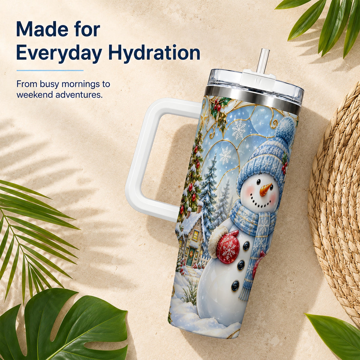 #pl[40oz|White] Snowman Village 40oz Tumbler with Handle, Winter Holiday Travel Cup
