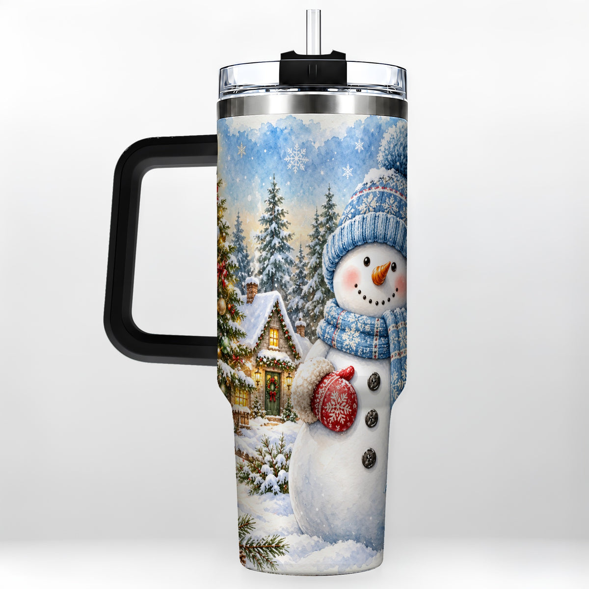 #pl[40oz|Black] Watercolor Snowman 40oz Tumbler with Handle, Winter Village Travel Cup