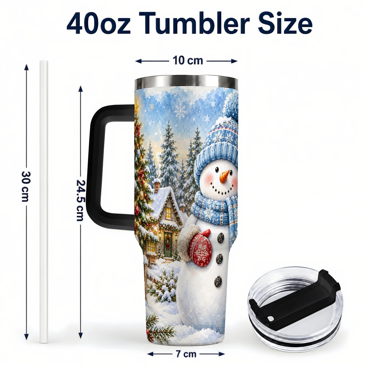 #pl[40oz|Black] Watercolor Snowman 40oz Tumbler with Handle, Winter Village Travel Cup