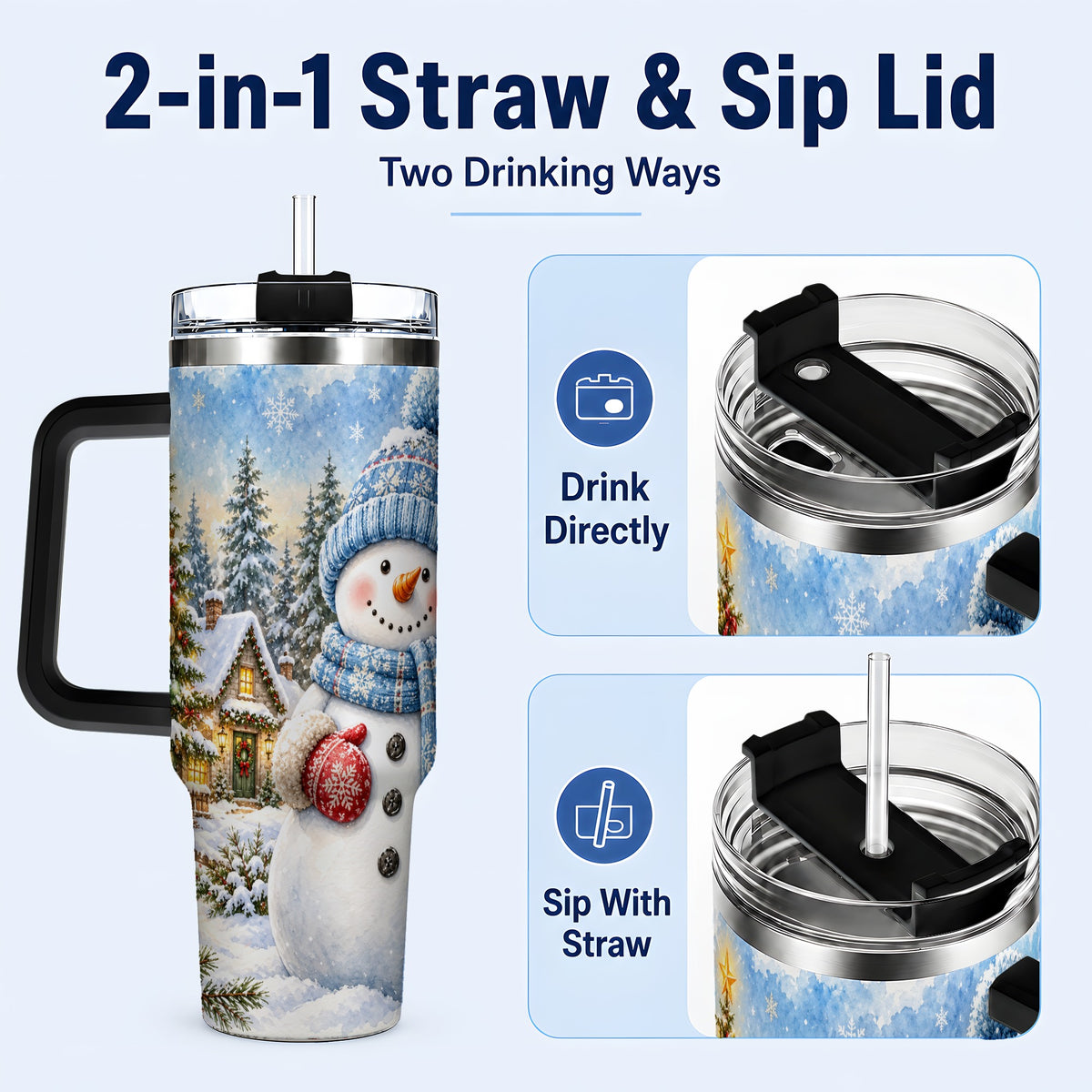 #pl[40oz|Black] Watercolor Snowman 40oz Tumbler with Handle, Winter Village Travel Cup