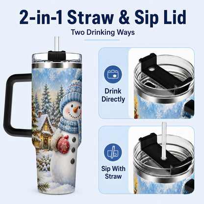 #pl[40oz|Black] Watercolor Snowman 40oz Tumbler with Handle, Winter Village Travel Cup