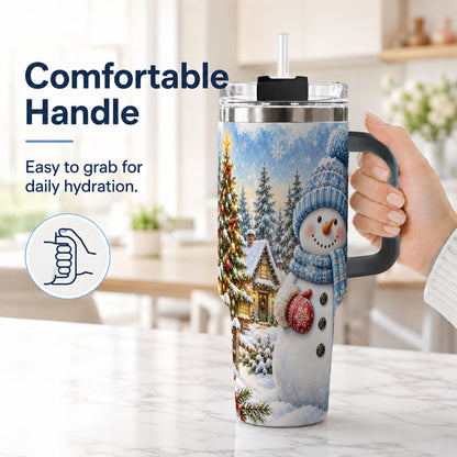 #pl[40oz|Black] Watercolor Snowman 40oz Tumbler with Handle, Winter Village Travel Cup