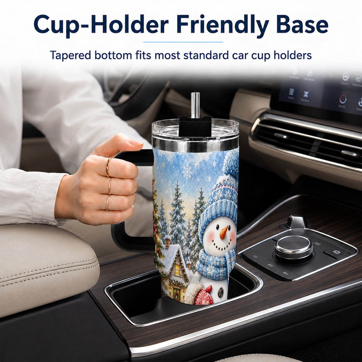 #pl[40oz|Black] Watercolor Snowman 40oz Tumbler with Handle, Winter Village Travel Cup