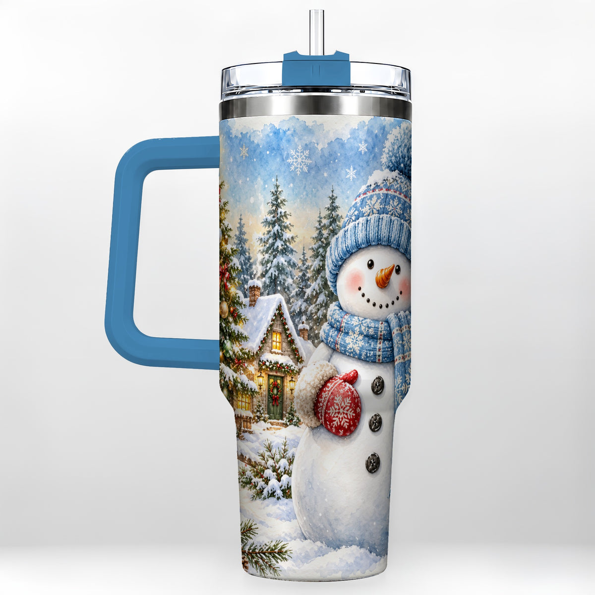 #pl[40oz|Blue] Watercolor Snowman 40oz Tumbler with Handle, Winter Village Travel Cup
