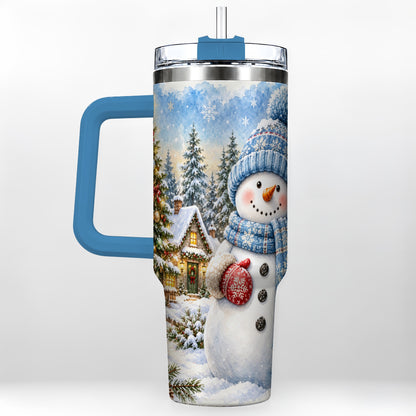 #pl[40oz|Blue] Watercolor Snowman 40oz Tumbler with Handle, Winter Village Travel Cup