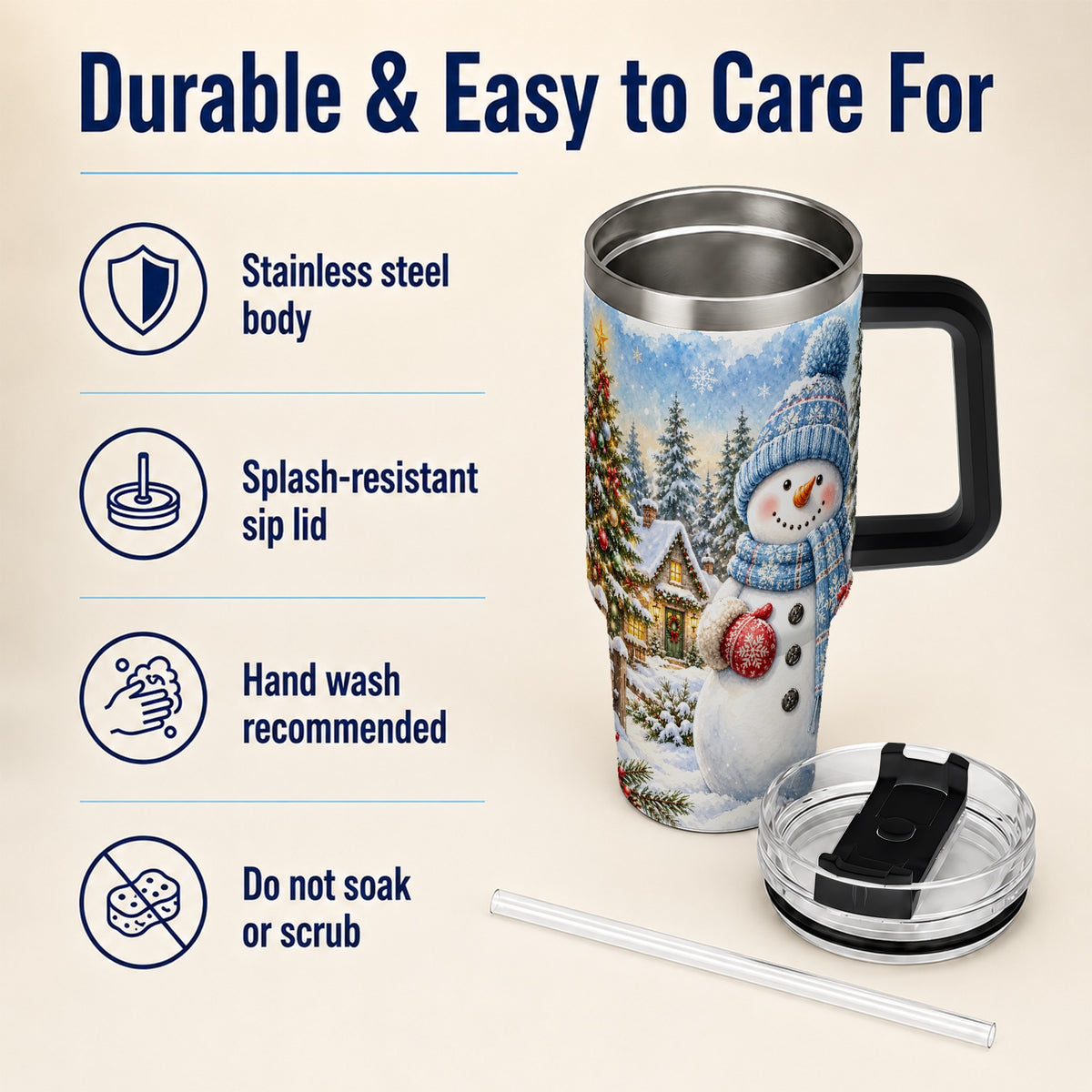 #pl[40oz|Black] Watercolor Snowman 40oz Tumbler with Handle, Winter Village Travel Cup