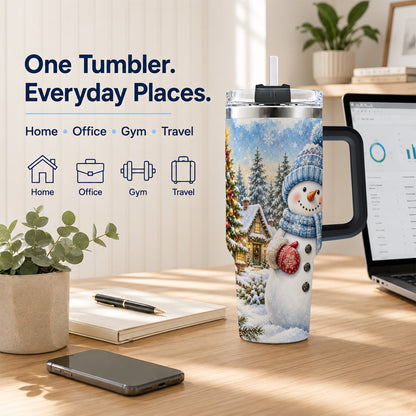 #pl[40oz|Black] Watercolor Snowman 40oz Tumbler with Handle, Winter Village Travel Cup