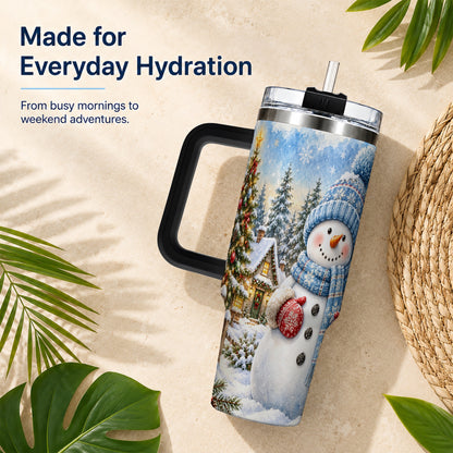 #pl[40oz|Black] Watercolor Snowman 40oz Tumbler with Handle, Winter Village Travel Cup