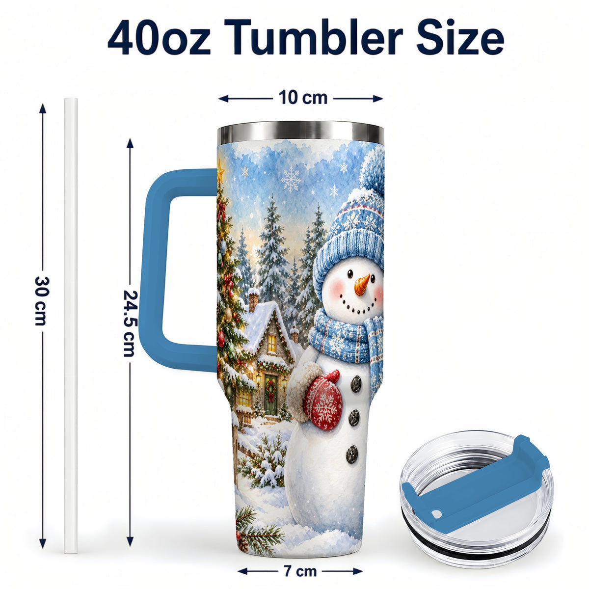 #pl[40oz|Blue] Watercolor Snowman 40oz Tumbler with Handle, Winter Village Travel Cup