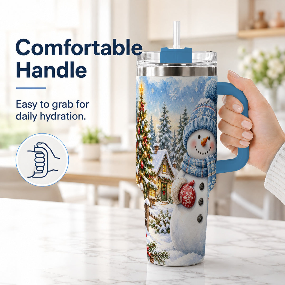 #pl[40oz|Blue] Watercolor Snowman 40oz Tumbler with Handle, Winter Village Travel Cup