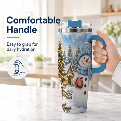 #pl[40oz|Blue] Watercolor Snowman 40oz Tumbler with Handle, Winter Village Travel Cup