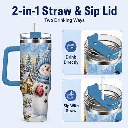 #pl[40oz|Blue] Watercolor Snowman 40oz Tumbler with Handle, Winter Village Travel Cup