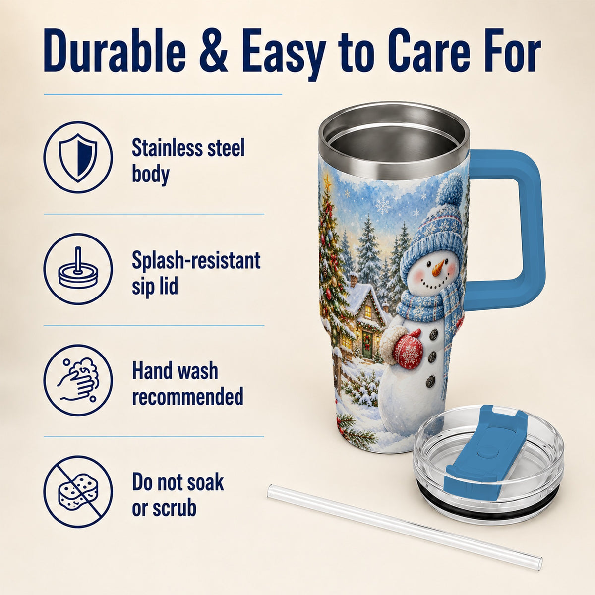 #pl[40oz|Blue] Watercolor Snowman 40oz Tumbler with Handle, Winter Village Travel Cup