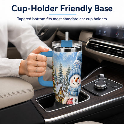 #pl[40oz|Blue] Watercolor Snowman 40oz Tumbler with Handle, Winter Village Travel Cup