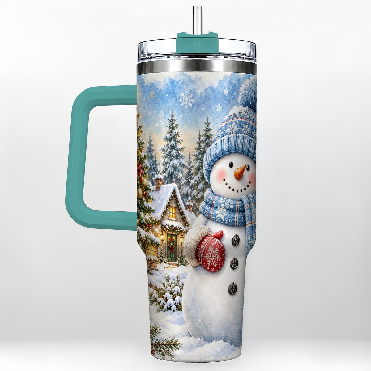 #pl[40oz|Green] Watercolor Snowman 40oz Tumbler with Handle, Winter Village Travel Cup