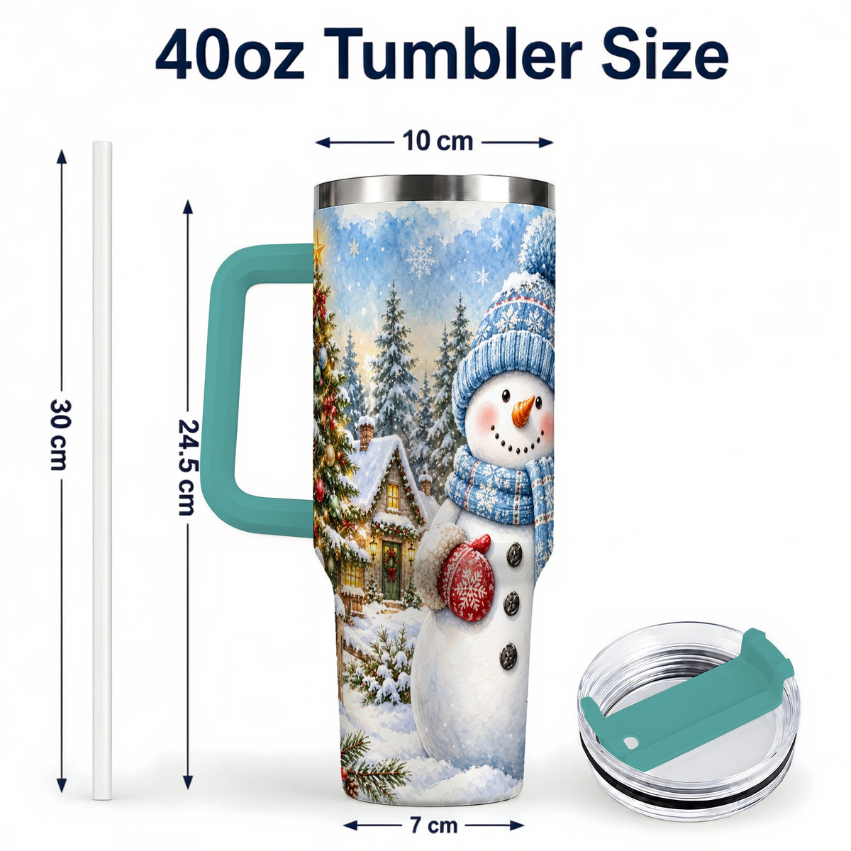 #pl[40oz|Green] Watercolor Snowman 40oz Tumbler with Handle, Winter Village Travel Cup