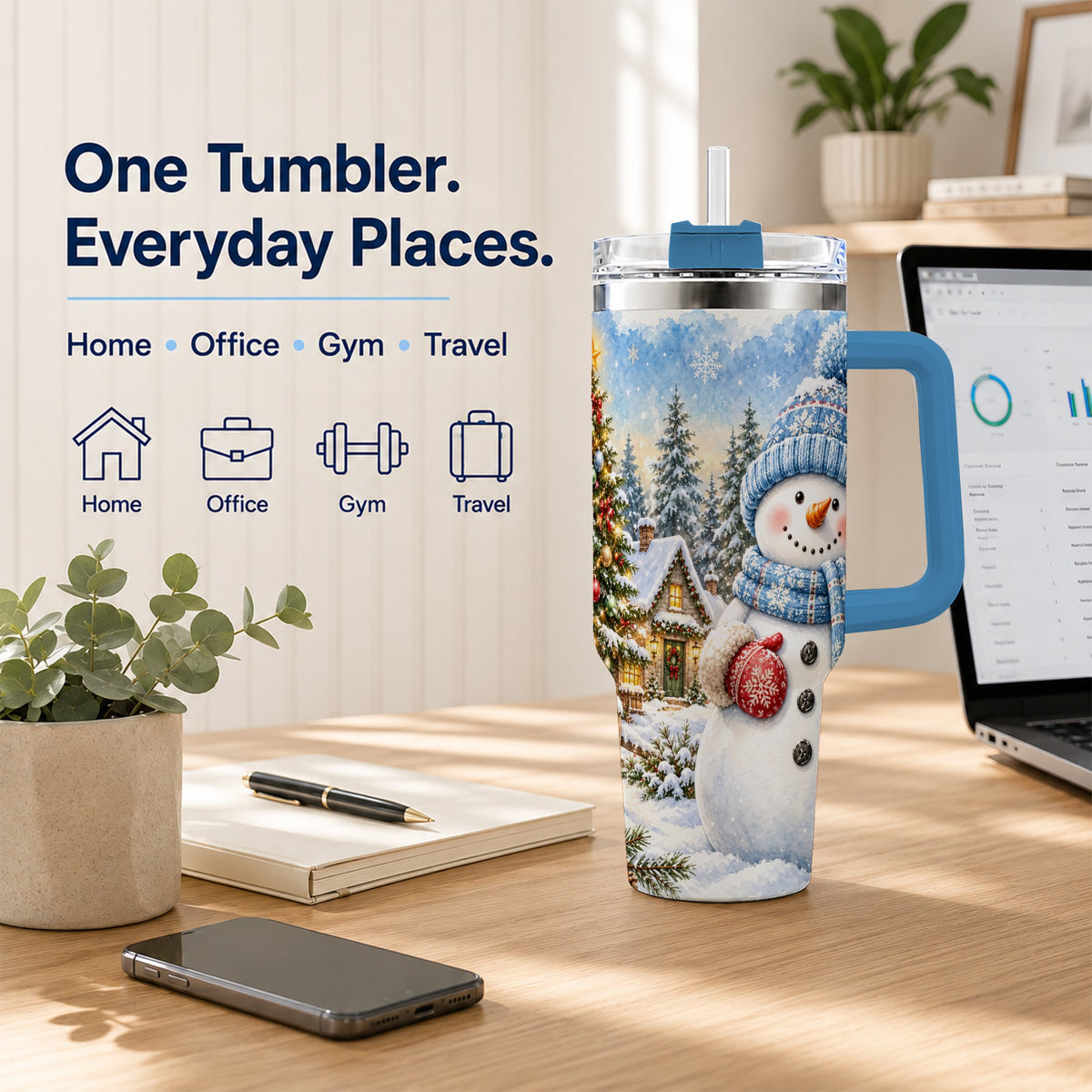 #pl[40oz|Blue] Watercolor Snowman 40oz Tumbler with Handle, Winter Village Travel Cup