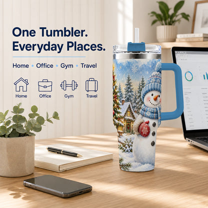 #pl[40oz|Blue] Watercolor Snowman 40oz Tumbler with Handle, Winter Village Travel Cup