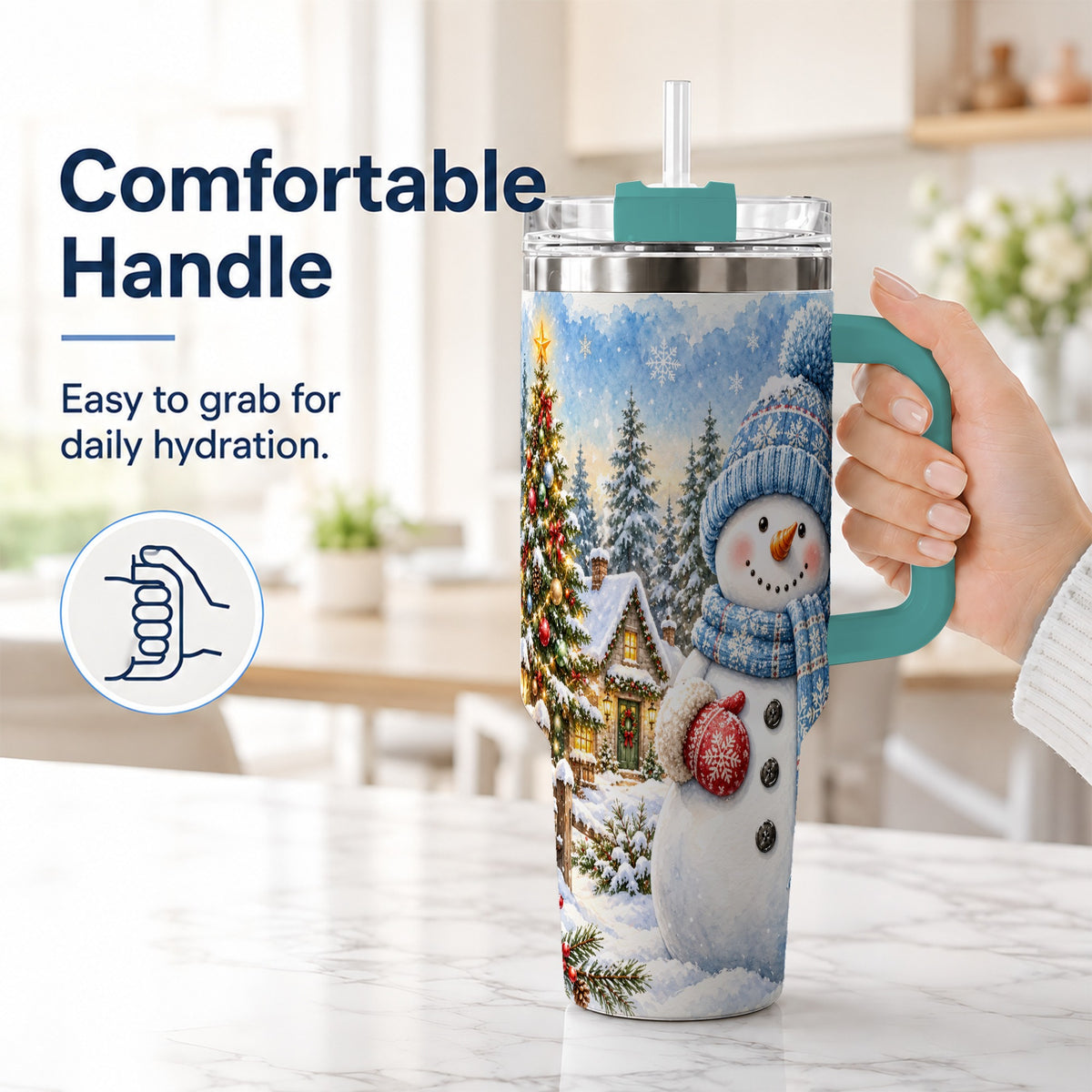 #pl[40oz|Green] Watercolor Snowman 40oz Tumbler with Handle, Winter Village Travel Cup