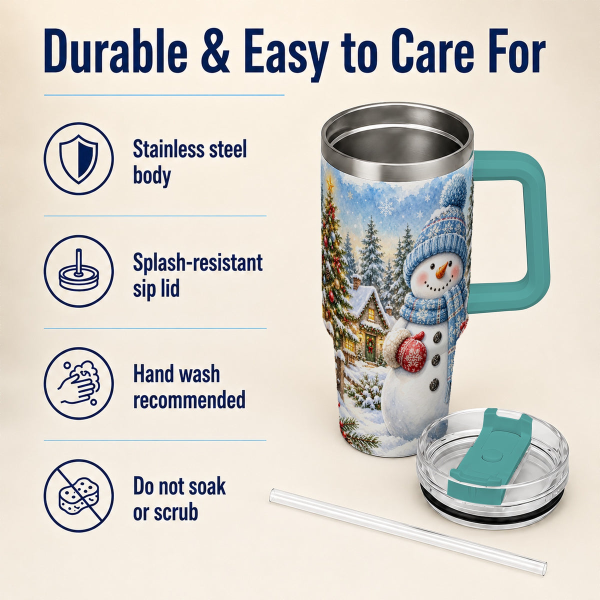#pl[40oz|Green] Watercolor Snowman 40oz Tumbler with Handle, Winter Village Travel Cup