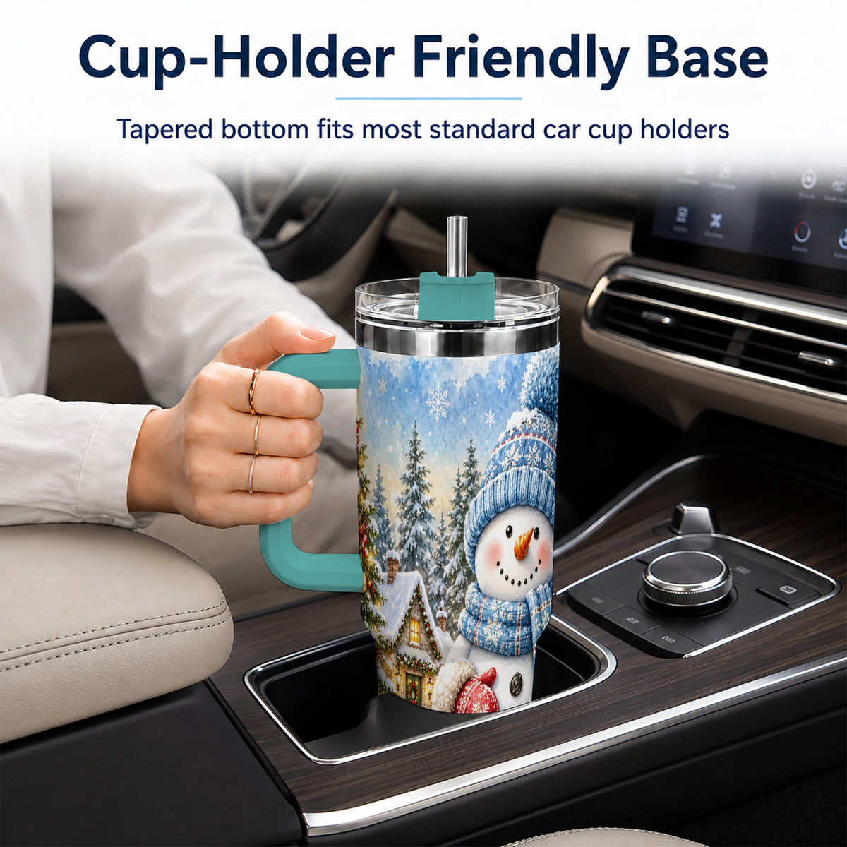 #pl[40oz|Green] Watercolor Snowman 40oz Tumbler with Handle, Winter Village Travel Cup