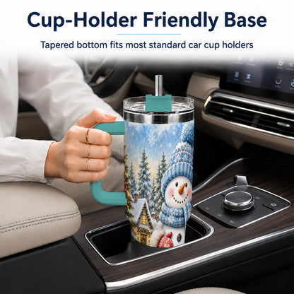 #pl[40oz|Green] Watercolor Snowman 40oz Tumbler with Handle, Winter Village Travel Cup