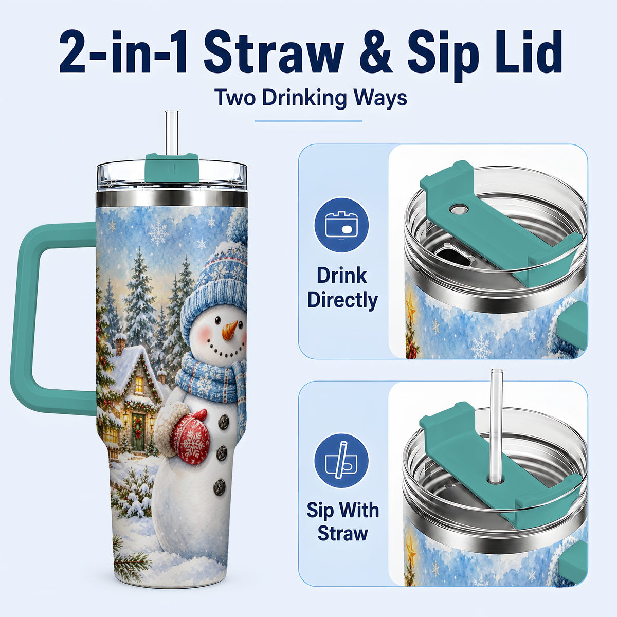 #pl[40oz|Green] Watercolor Snowman 40oz Tumbler with Handle, Winter Village Travel Cup