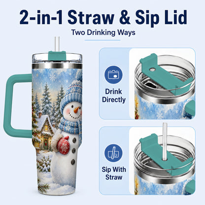 #pl[40oz|Green] Watercolor Snowman 40oz Tumbler with Handle, Winter Village Travel Cup