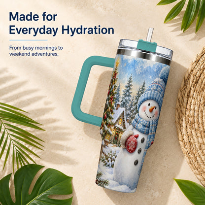 #pl[40oz|Green] Watercolor Snowman 40oz Tumbler with Handle, Winter Village Travel Cup