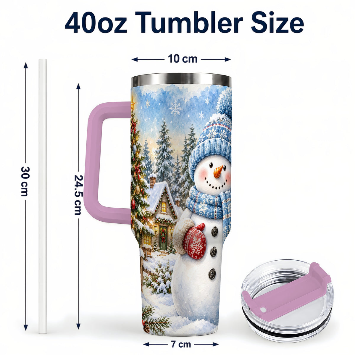 #pl[40oz|Pink] Watercolor Snowman 40oz Tumbler with Handle, Winter Village Travel Cup