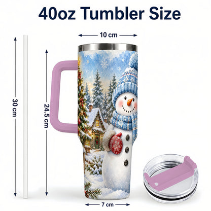 #pl[40oz|Pink] Watercolor Snowman 40oz Tumbler with Handle, Winter Village Travel Cup