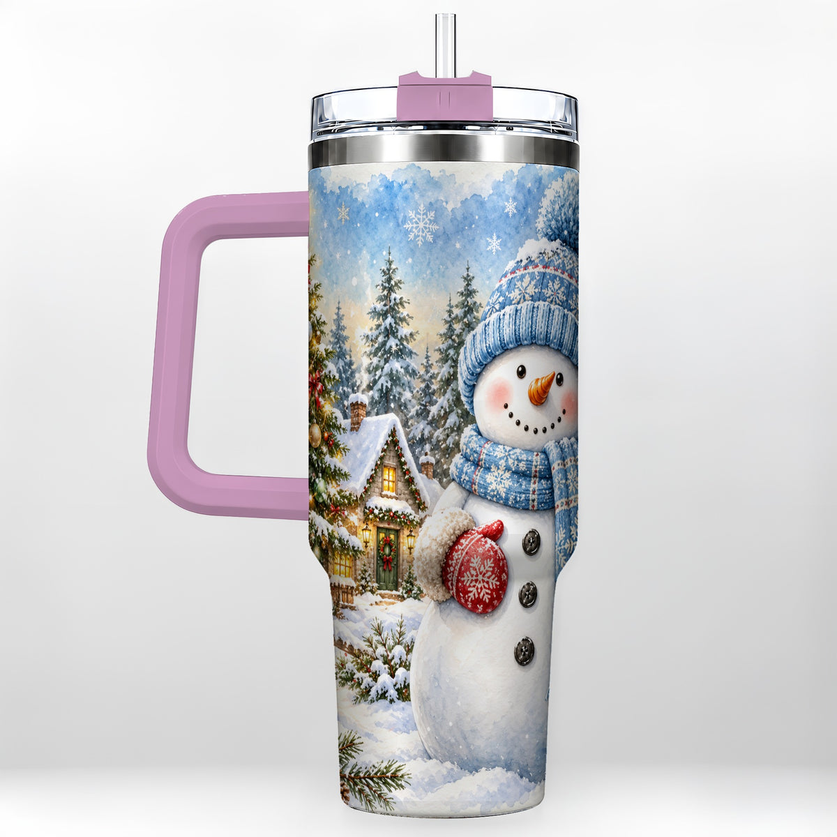 #pl[40oz|Pink] Watercolor Snowman 40oz Tumbler with Handle, Winter Village Travel Cup
