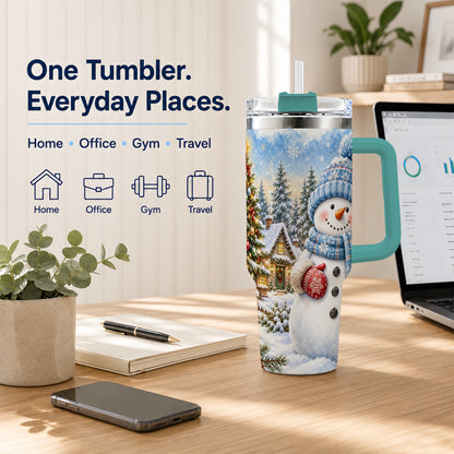 #pl[40oz|Green] Watercolor Snowman 40oz Tumbler with Handle, Winter Village Travel Cup