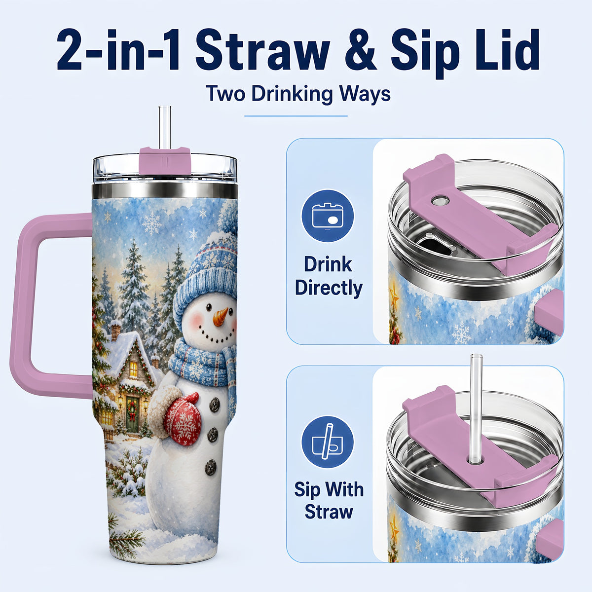 #pl[40oz|Pink] Watercolor Snowman 40oz Tumbler with Handle, Winter Village Travel Cup